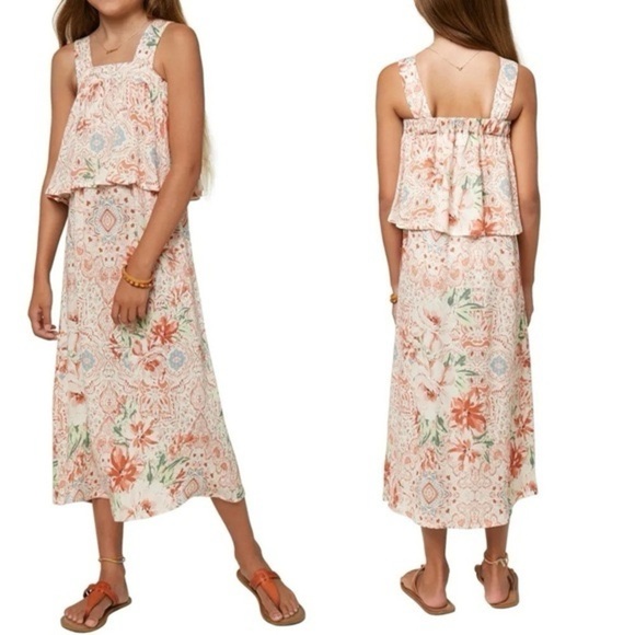 O'Neill Other - NWT O’Neill Girls Flounce Ruffle Jordan Tank Pink Cream Floral Midi Dress Large